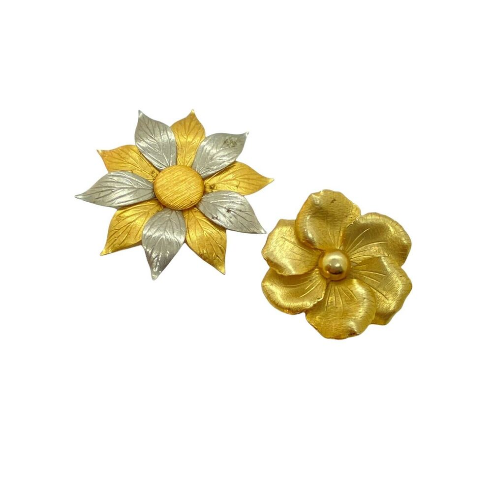 Vintage Womens Silver Gold Tone Flower Statement Jewelry Brooch Pin Set Of Two